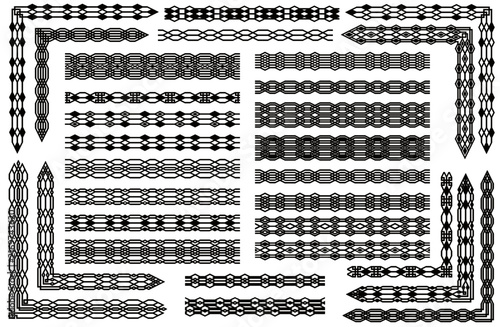 Vector set of isolated corner and line elements. Black decorative lines and corners of geometric elements isolated on a white background. Vector illustrations.