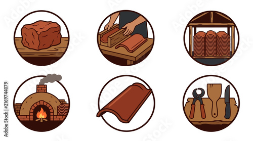 Traditional Clay Roof Tile Manufacturing Process Icons Set