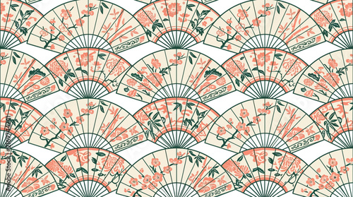 Seamless Pattern of Traditional Oriental Folding Fans with Floral Designs