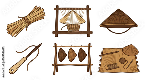 Traditional Woven Hat Making Craft Icon Set