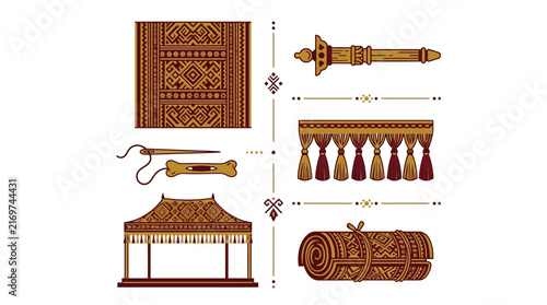 Traditional Woven Ethnic Pattern Set with Ceremonial Objects and Cultural Textiles