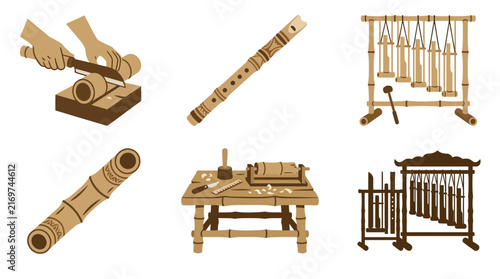 Set of traditional bamboo musical instruments and craft tools icons