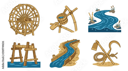 Traditional Bamboo Water Wheel and Irrigation Tools Icon Set
