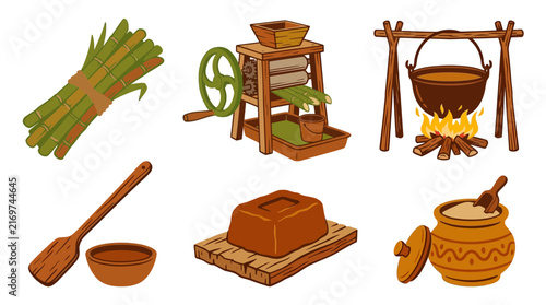 Traditional Cane Sugar Production Icon Set