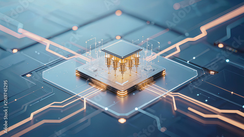 Abstract future quantum computing background, advanced quantum processor visualization, glowing metallic quantum structures, holographic computational layers, quantum AI technology concept,