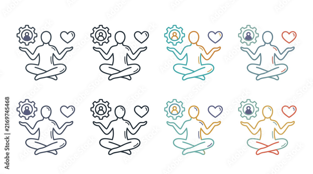Obraz premium Work life balance line icons showing an office employee meditating to balance work and health, perfect for corporate wellness, human resources presentations and mental health infographics