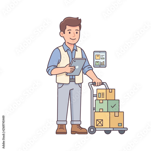Warehouse Worker with Tablet and Hand Truck Illustration
