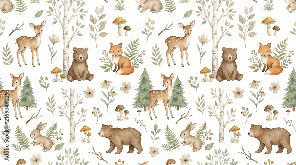 Naklejka premium Watercolor woodland animals seamless pattern, cute forest bear and deer wallpaper, nursery nature background with fox and rabbit
