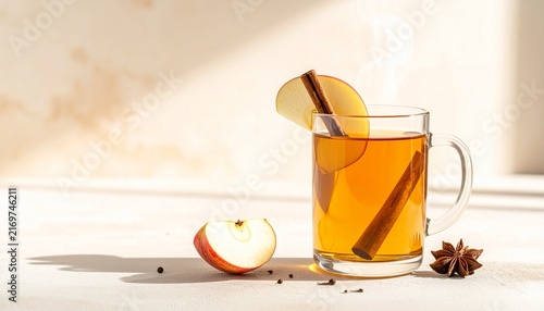 A glass holds warm apple cider with a slice of apple and a cinnamon stick resting inside. An apple sits nearby on a light surface. Sunlight brightens the scene