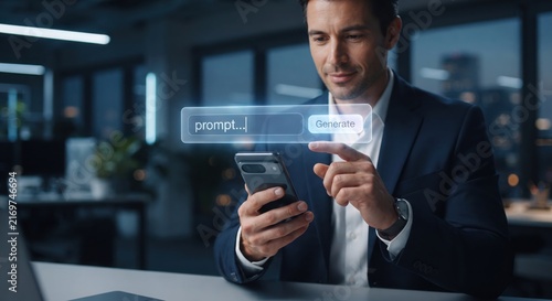 Man using mobile phone with generation interface