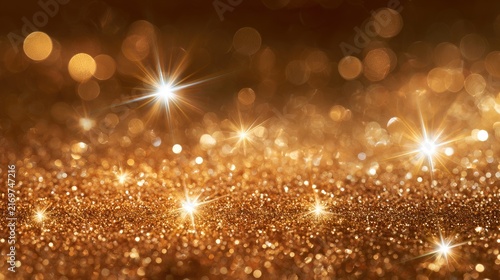 Golden glitter dust sparkles with bright starbursts in soft, blurred bokeh background
