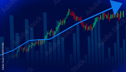 Digital stock market graph showing a strong upward trend with a blue arrow, symbolizing financial growth, investment success, and economic recovery.