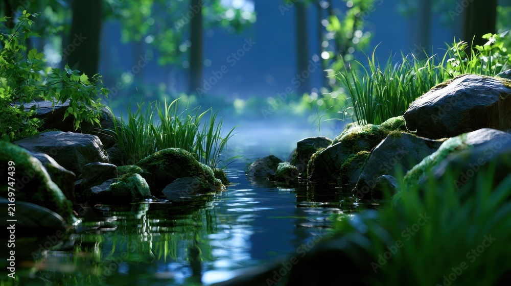 Fototapeta premium Serene forest stream reflecting lush greenery under dappled sunlight, creating a tranquil atmosphere