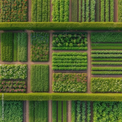 Aerial view of patchwork garden and crop rows