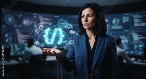 Professional software developer interacting with code hologram