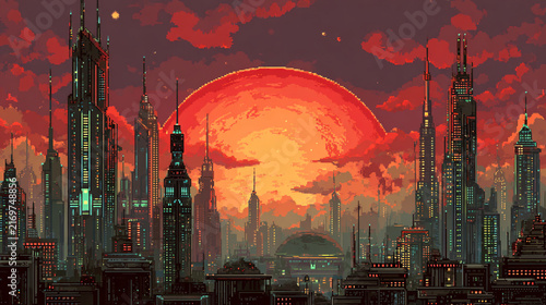 Pixel art illustration of an advanced futuristic cyberpunk city skyline with neon lights, soaring skyscrapers, and a striking red sky in an 8-bit retro video game style.