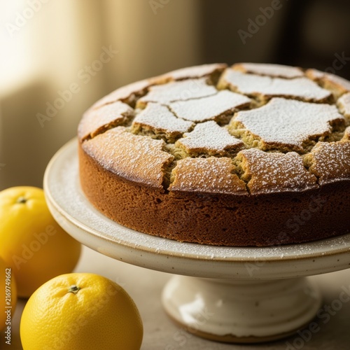 Lemon cake on pedestal stand with powdered sugar