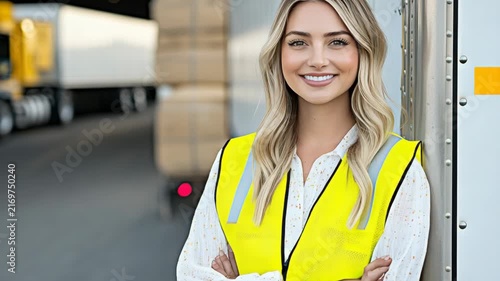 selective focus female delivery worker on duty scene