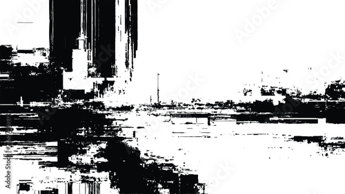 black and white glitch art city skyline texture background with digital distortion and urban decay