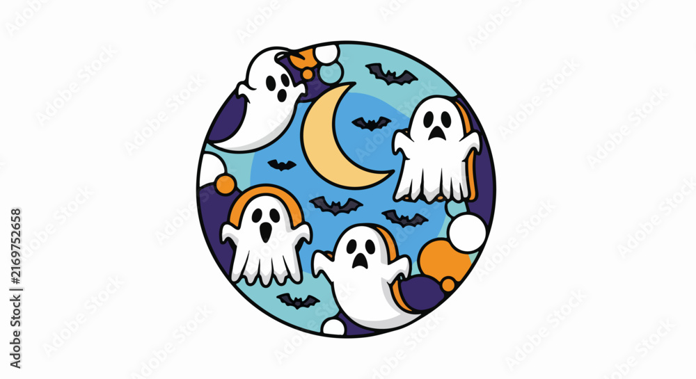 Fototapeta premium Halloween ghosts and bats under crescent moon