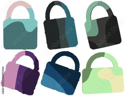 Foto A retro risograph-style collage of assorted padlocks in bold halftone colors and layered shapes
