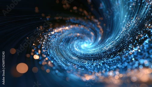 Swirling blue and gold abstract light forms create a cosmic vortex of energy