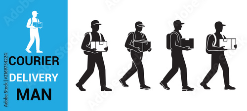 Courier delivery man silhouette collection with package and walking poses illustration eps 10