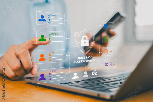Cuadro en lienzo Digital role-based access control concept showing secure permissions, user roles, and identity management on a laptop interface, representing cybersecurity, data protection, and network security