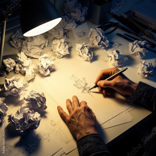 Designer sketching ideas at desk under lamp
