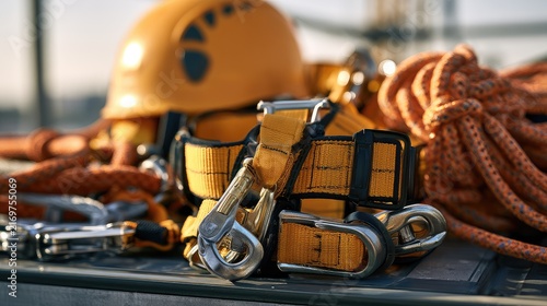 Full-body fall protection harness with safety belt, hooks and lifeline equipment arranged on a construction platform, working at height, occupational safety, fall prevention, Generative Ai
