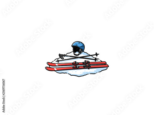 Red Skis With Poles And Blue Helmet On Snow Vector Illustration