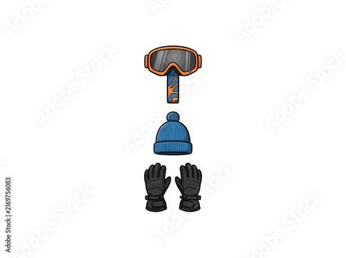 Ski Goggles Beanie And Gloves Arranged Vertically Vector Illustration