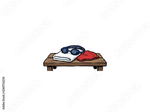 Swim Goggles And Folded Towels On Wooden Bench Vector Illustration