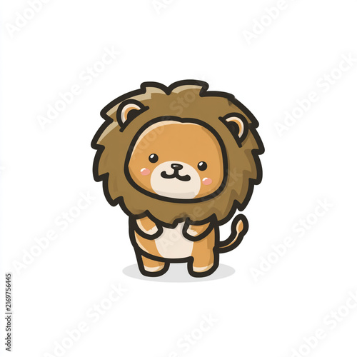 A cute cartoon baby lion sitting with a happy smile and tilted head, featuring simple lines, flat illustration style, bold outlines, isolated white background.
