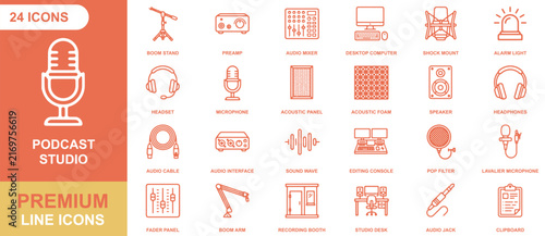 фотографія Podcast studio icon sheet, 24 orange line icons featuring microphones, audio mix