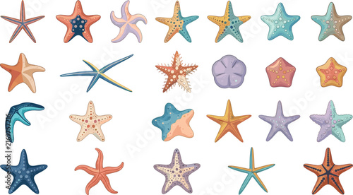 Colorful Starfish Collection with Diverse Shapes and Patterns Isolated on White Background