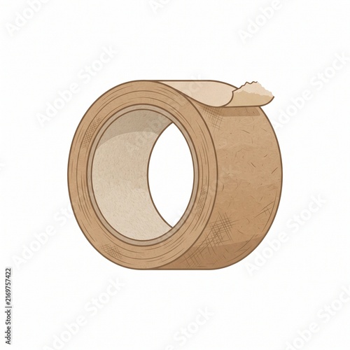 A single roll of brown adhesive packaging tape isolated on a white background used for sealing cardboard boxes during shipping and moving house storage tasks