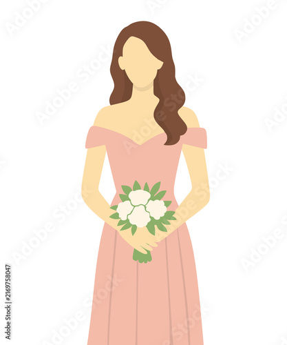 Bride in soft pink gown stands gracefully. Just Married