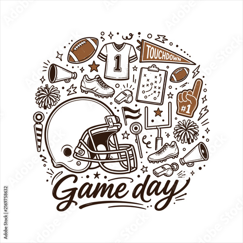 American Football Game Day Doodle with Helmet Ball Goal Post Cheer Gear and Sports Icons