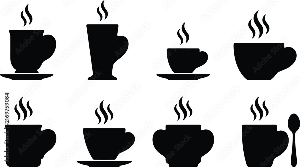 Obraz premium Hot coffee cups and steaming tea mug silhouettes solid glyph icons vector illustration set isolated on white background