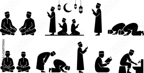 Black silhouettes of Muslim men praying, reading Quran, and performing ablution during Ramadan