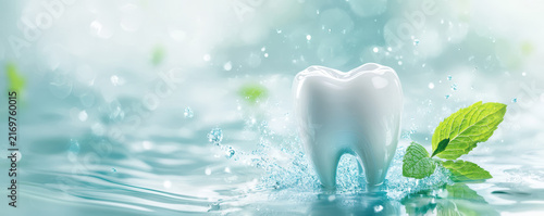 A glossy white tooth shines amid swirling blue water and mint leaves, exuding freshness. This artistic scene symbolizes dental hygiene and purity with a delicate, sparkling touch.