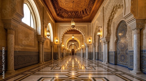Ornate Moroccan Hallway, Arches, Lanterns, Geometric Patterns, Luxury Interior
