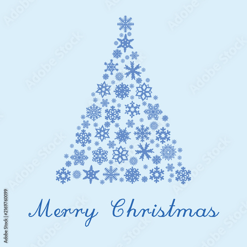 Elegant Christmas tree composed of blue snowflakes with festive holiday lettering on a white background. Winter seasonal greeting card design for Christmas celebrations, invitations, posters and holid