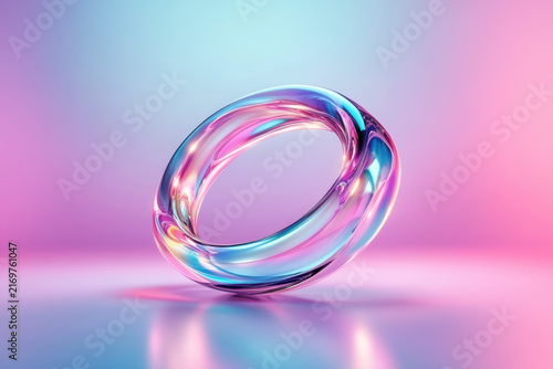 A glossy 3D ring torus shines with iridescent gradients. The colors transition beautifully from hot pink to deep purple and ultraviolet blue, creating a vibrant, futuristic effect.