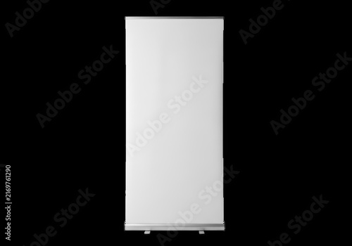 Blank vertical roll up banner stand for business display isolated on transparent background