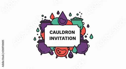 Colorful cauldron invitation with potion drops