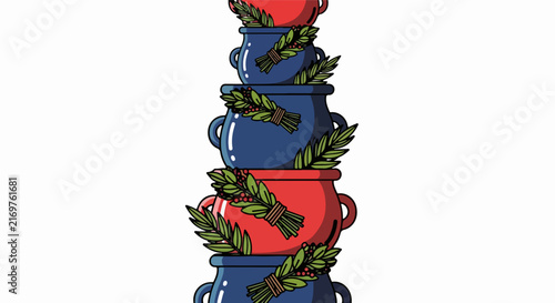 Stacked colorful pots with holly decorations