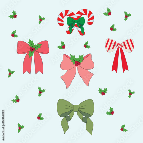 Set of cute Christmas bows and candy canes, festive holiday vector illustration elements