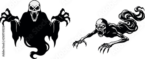 Black and white vector illustration of two scary ghosts with skeletal faces and clawed hands isolated on a white background for horror themed graphic designs